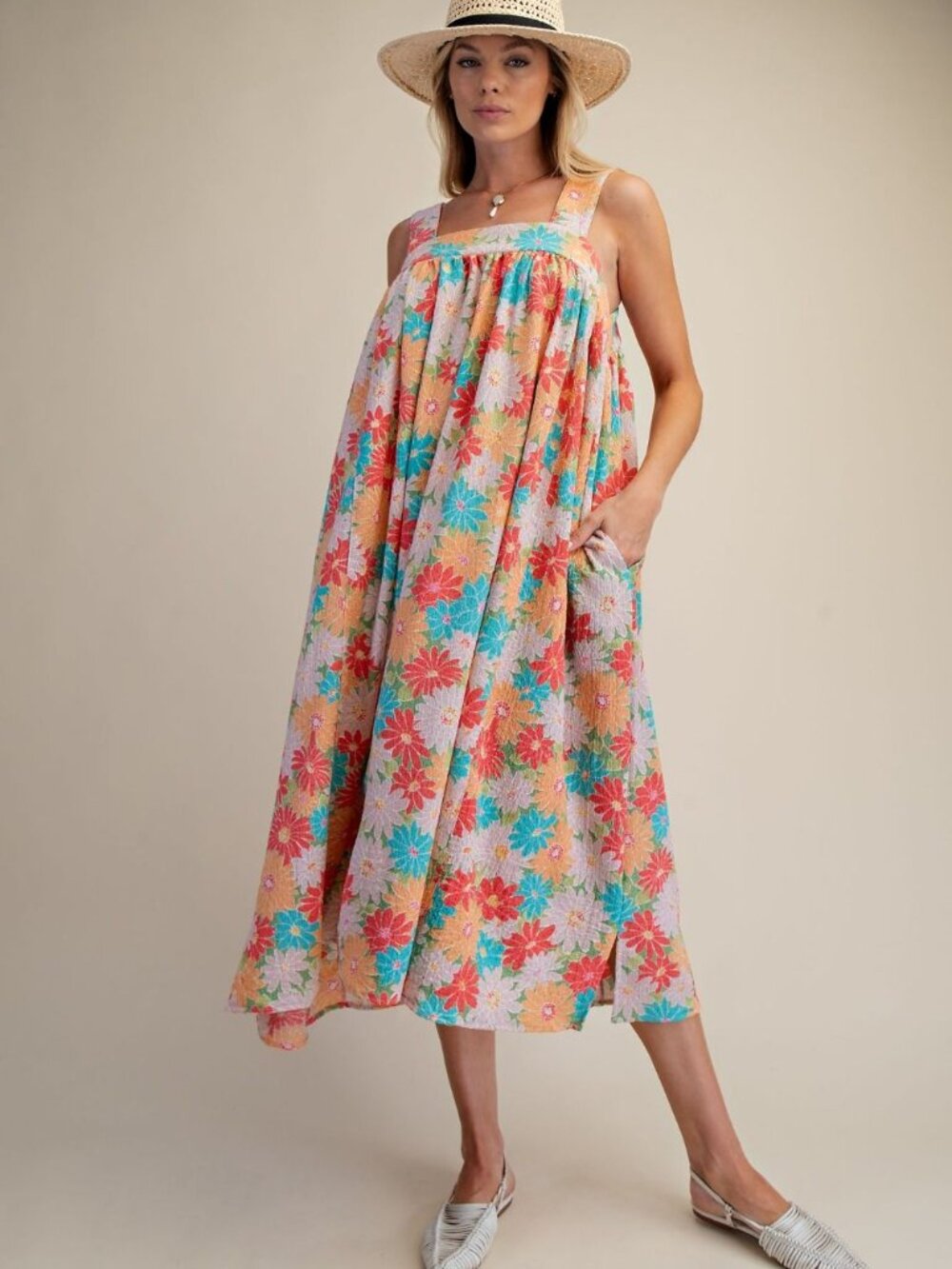 EASEL MIDI DRESS IN PINKS, TEALS AND ORANGE